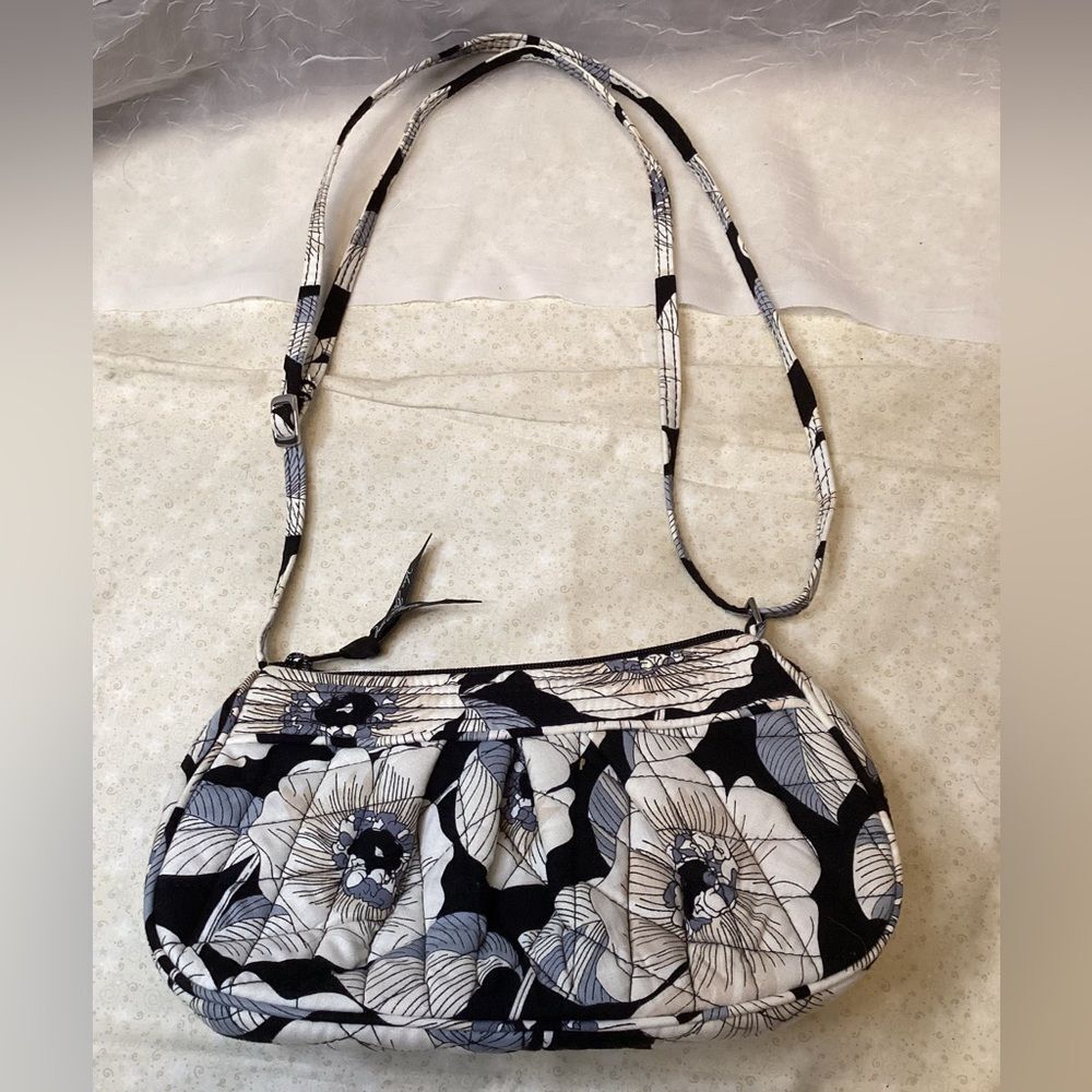 Vera Bradley Frankie Crescent Crossbody Camellia Black White Floral Shoulder Bag
